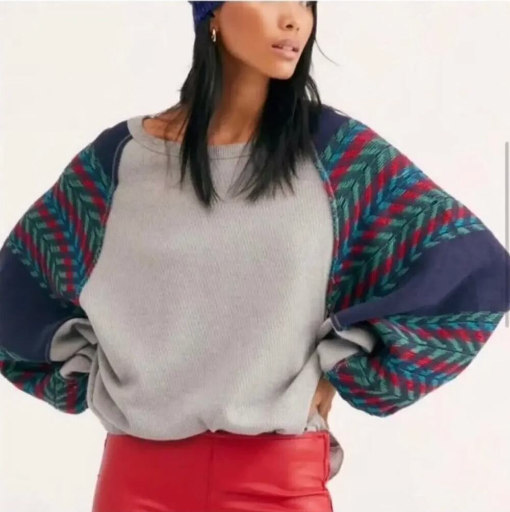 FREE PEOPLE We The Free Rainbow Dreams Knit Blouson Sleeve Oversized Top Large